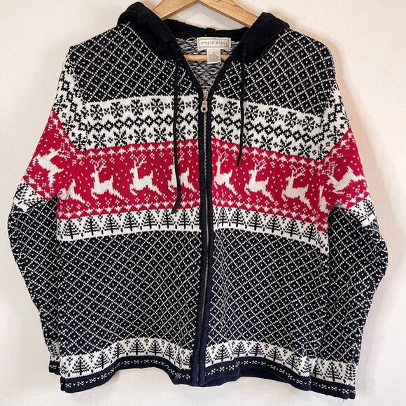 Vintage Christmas Fairisle Deer Zip Up Hoodie Size M - Picture 1 of 6